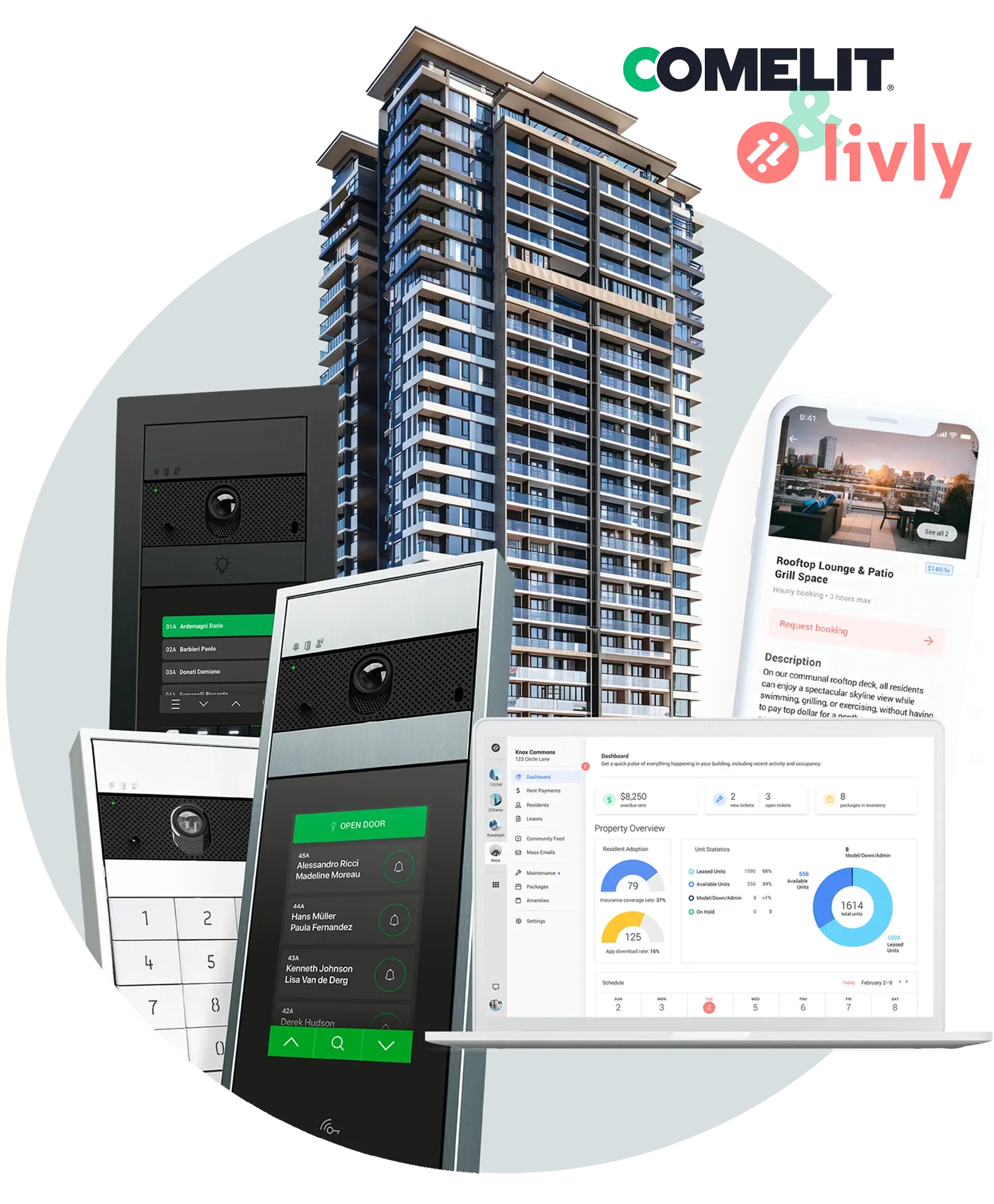 Comelit video intercoms and Livly dashboard integrated for smart property management.