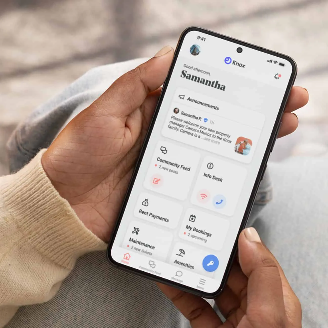 Livly resident app dashboard with options for rent, bookings, and communications.