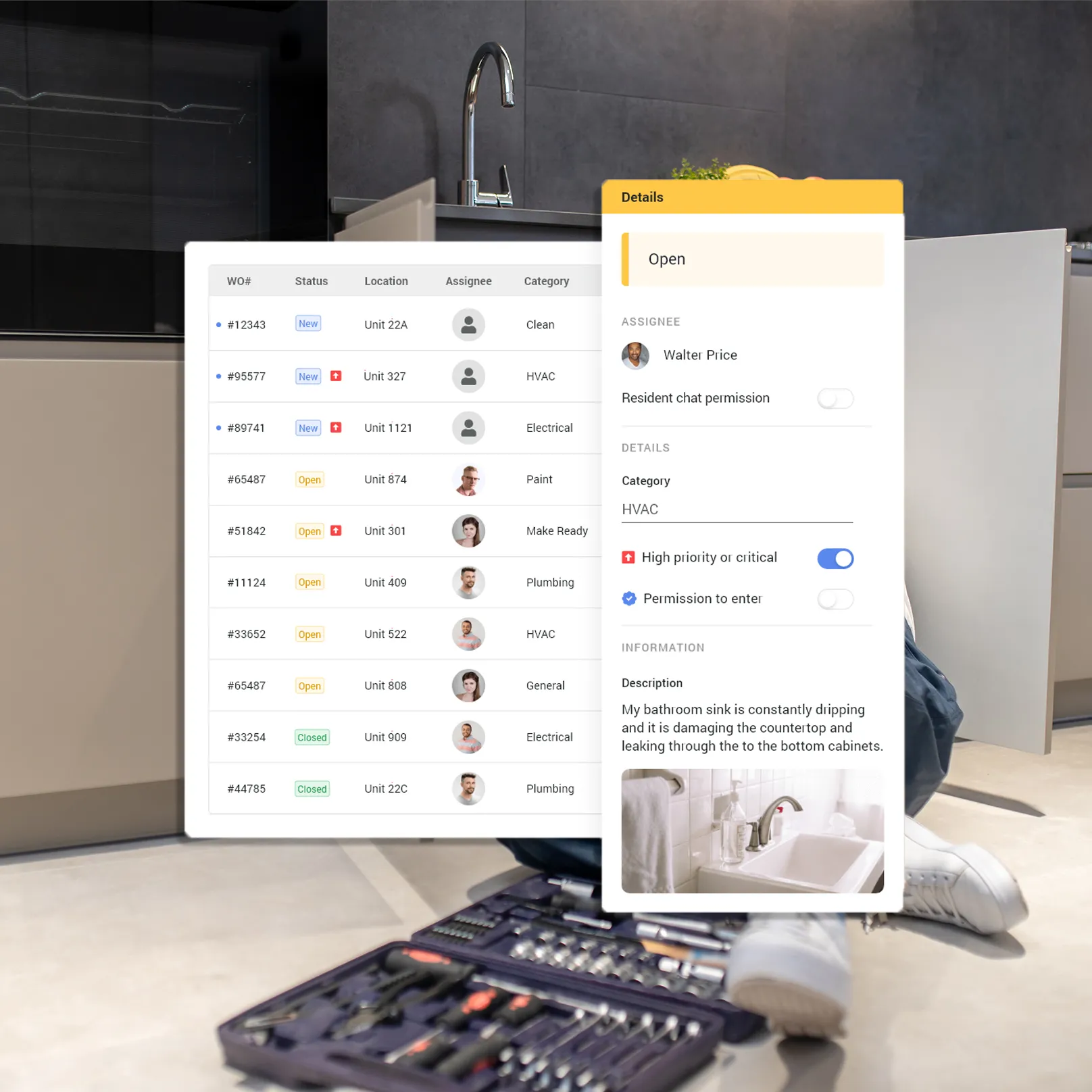 Digital maintenance request log showing high-priority HVAC and plumbing tasks.