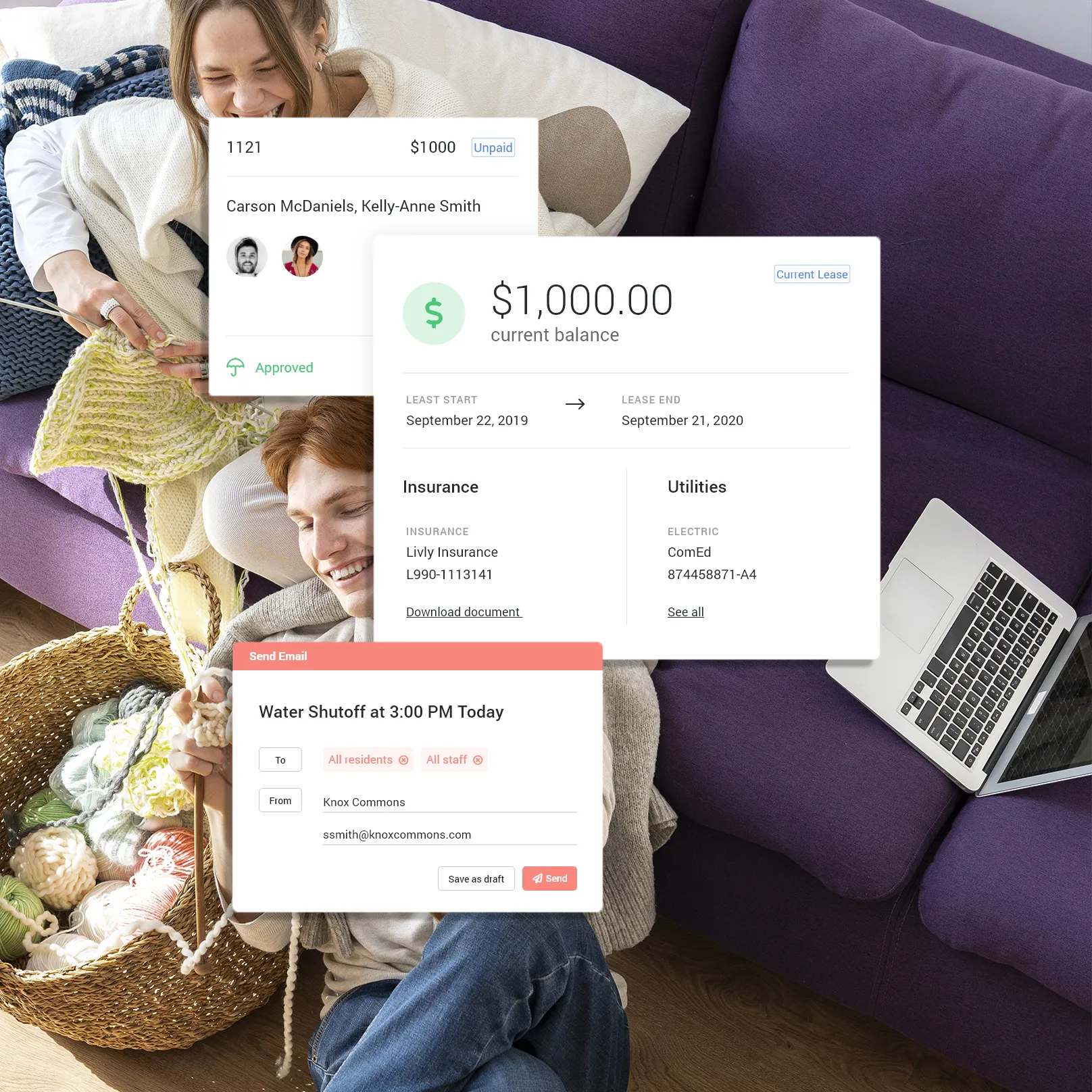 Resident profile view showing rent balances, insurance documents, and utility details.