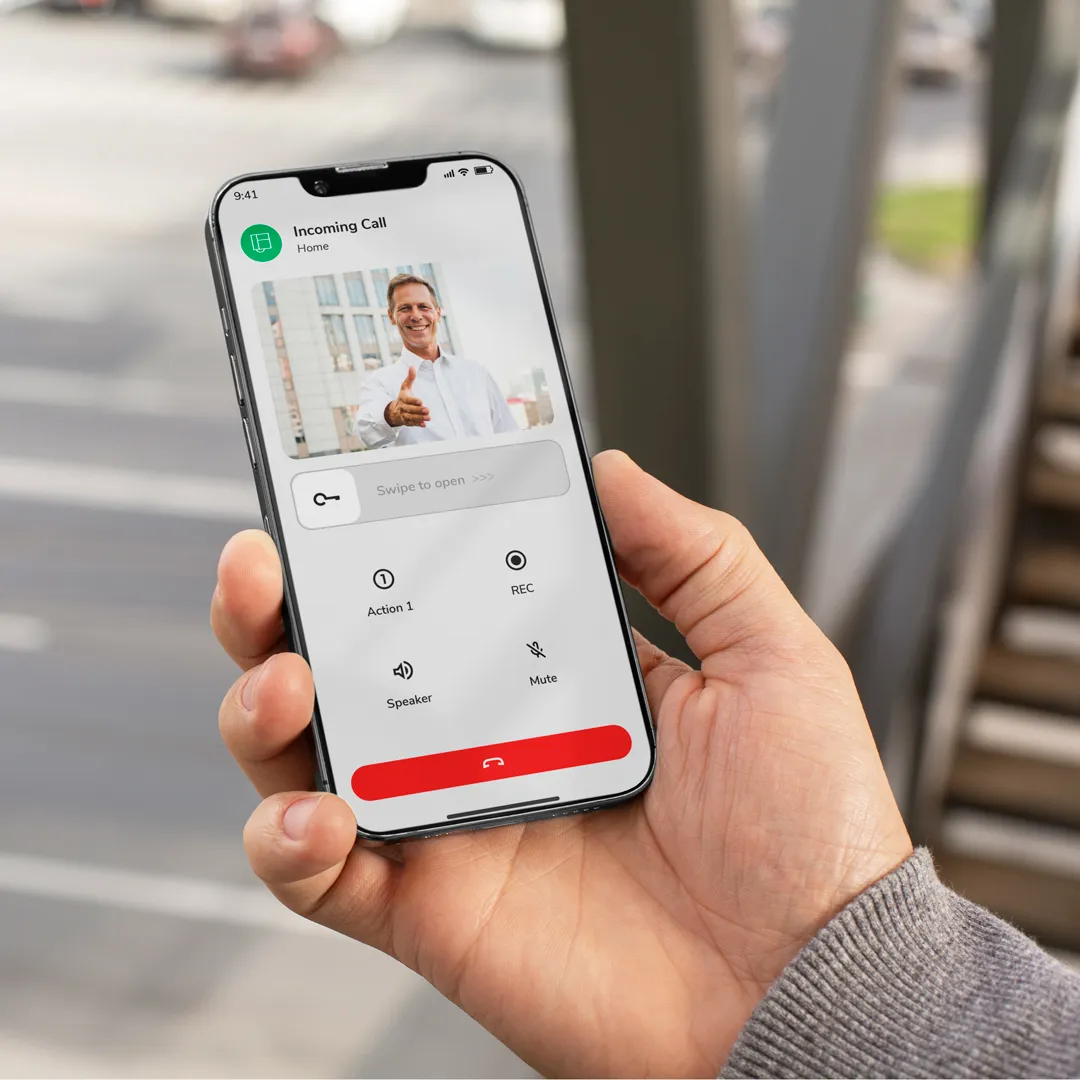 Livly smartphone interface showing an incoming visitor access call notification.